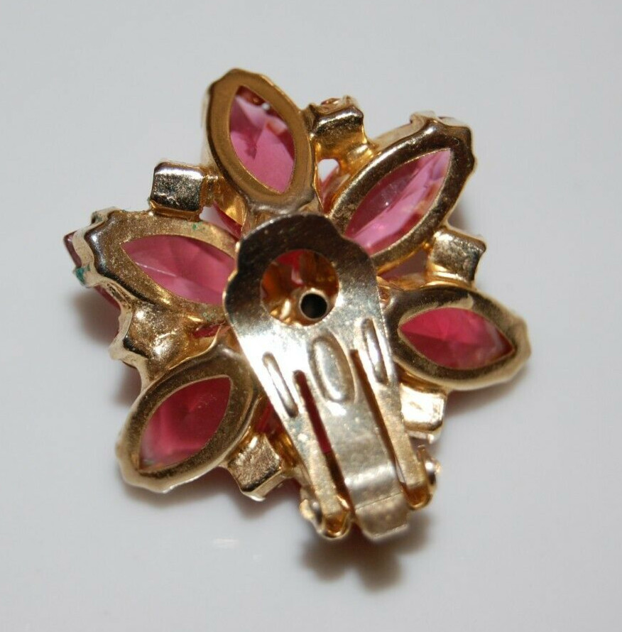 ELEGANT VTG JULIANA COUTURE PINK MARQUIS CRYSTALS OPEN BACK GOLDEN CLIP EARRINGS