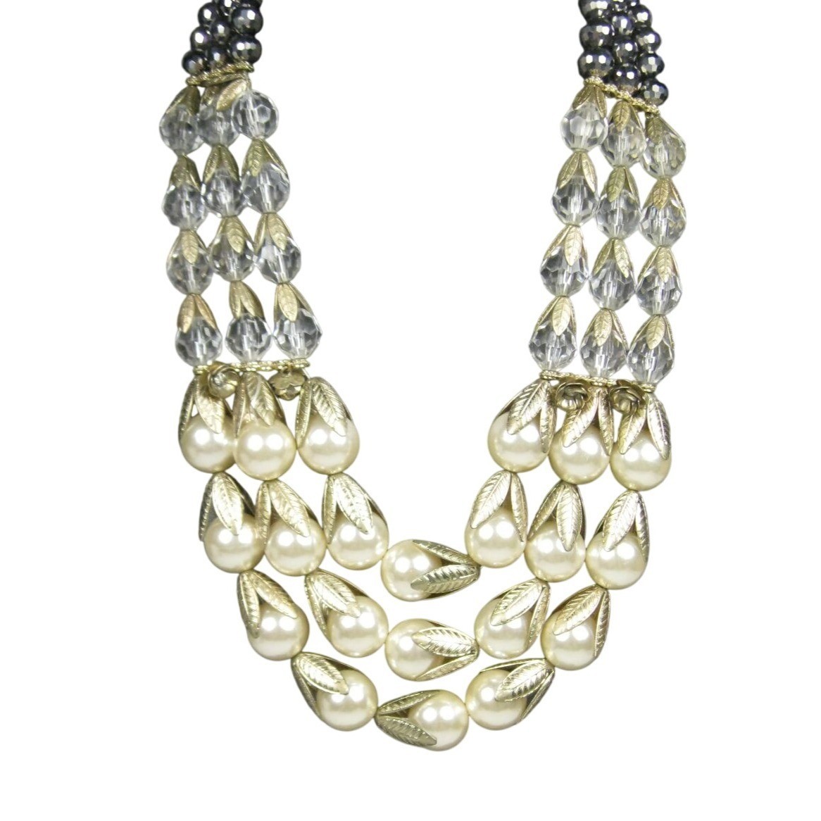 Lydell NYC Simulated Pearl Plastic Bib Necklace Gold Tone Multi Strand Statement