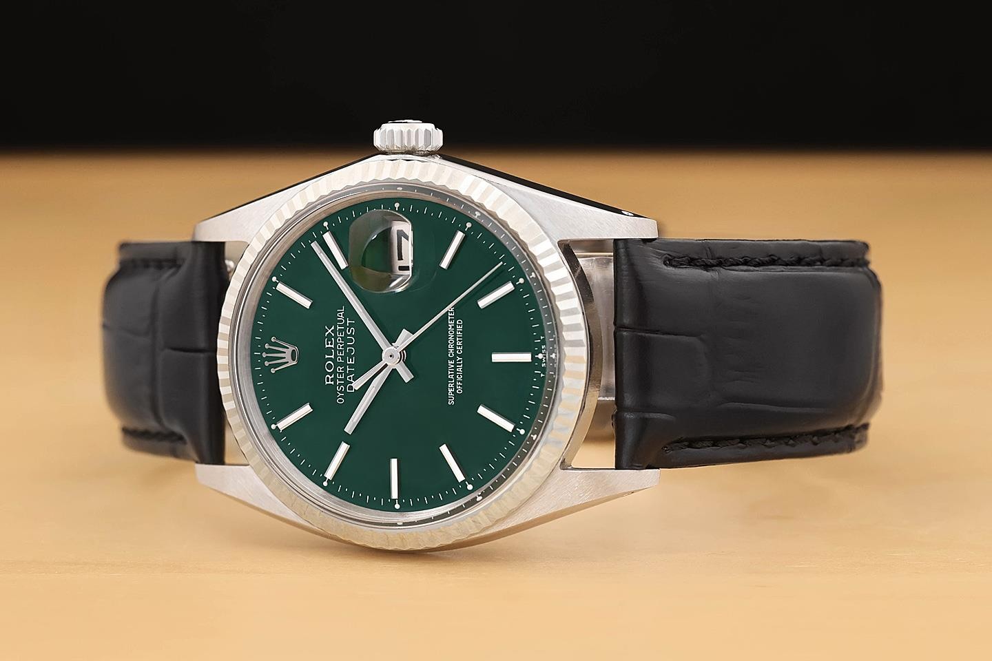 ROLEX DATEJUST 1601 GREEN DIAL 18K WHITE GOLD STEEL BLACK LEATHER BAND WATCH