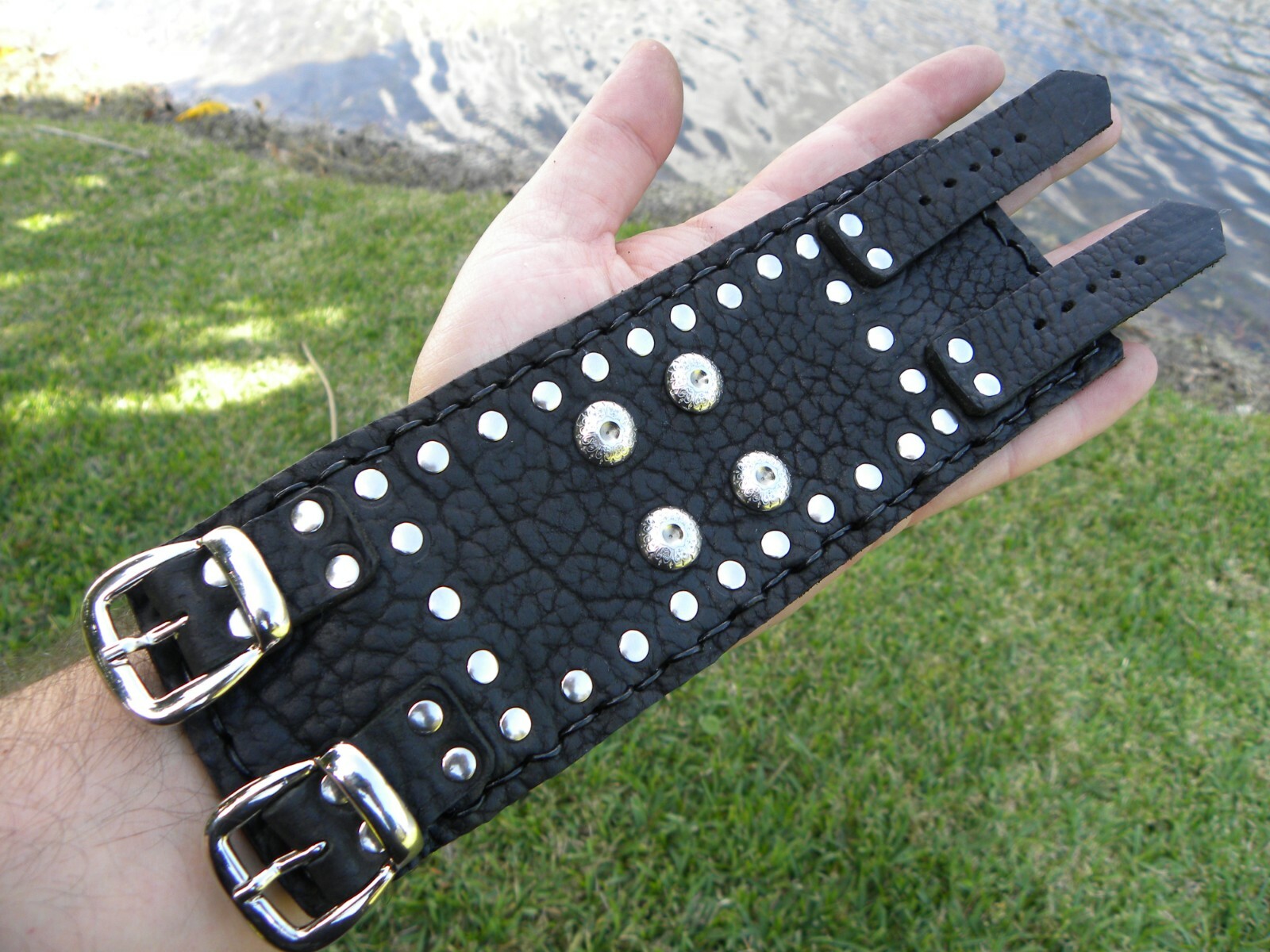 Bracelet cuff black Buffalo Bison leather 2 3/4 ” wide S M L XL adjustable size