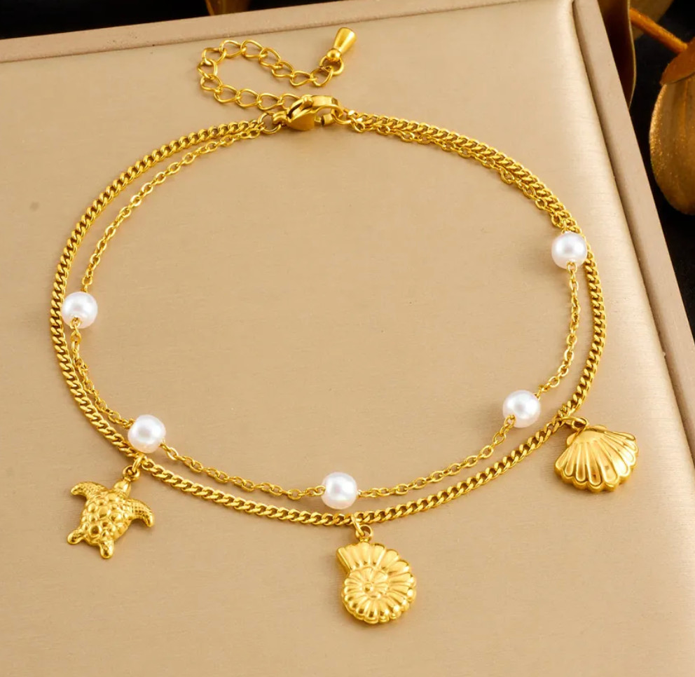 Double Layer Stainless Steel Anklet With Beach Charms 8-10 inches