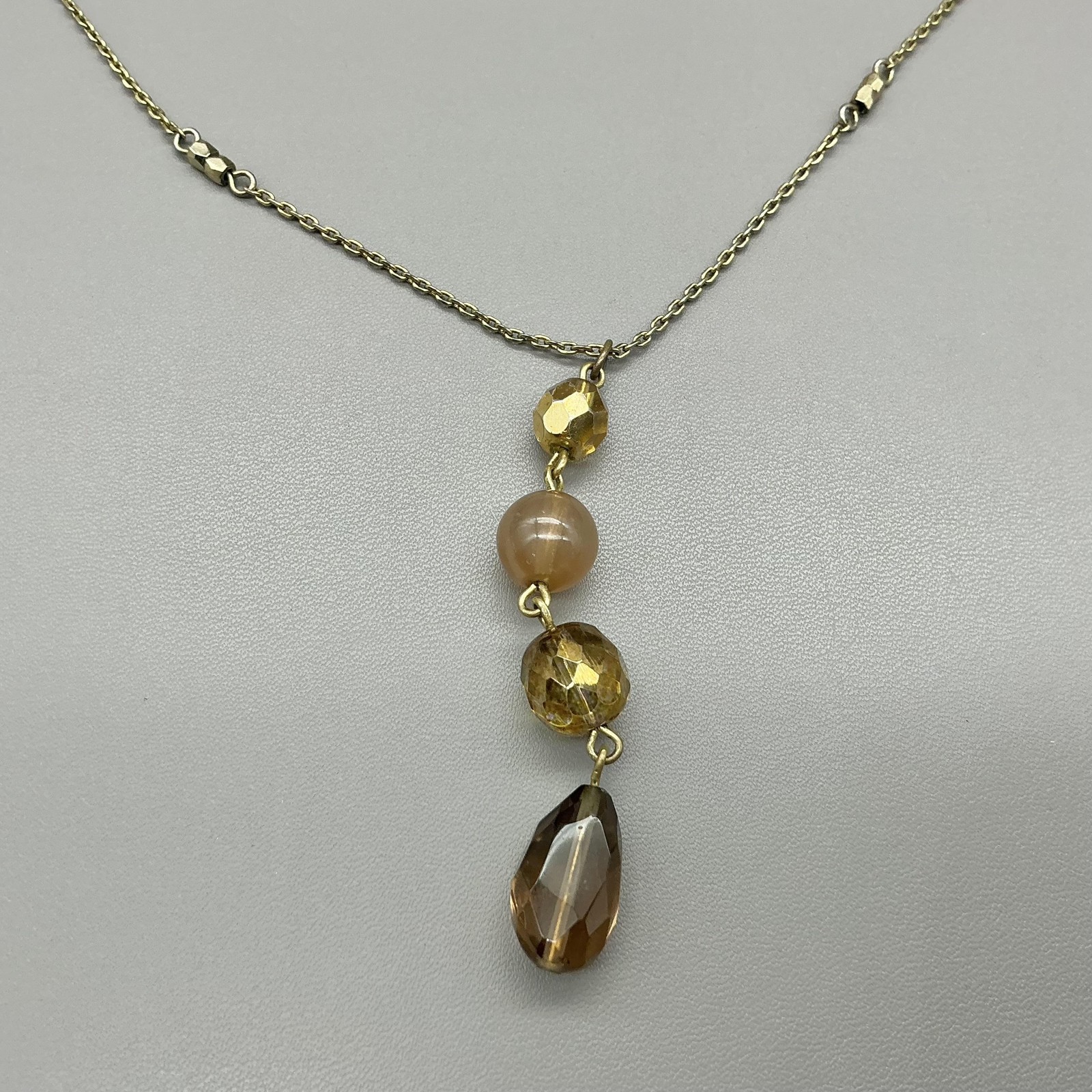 White House Black Market Necklace Gold Tone Y Drop Teardrop Pendant Brown Beads