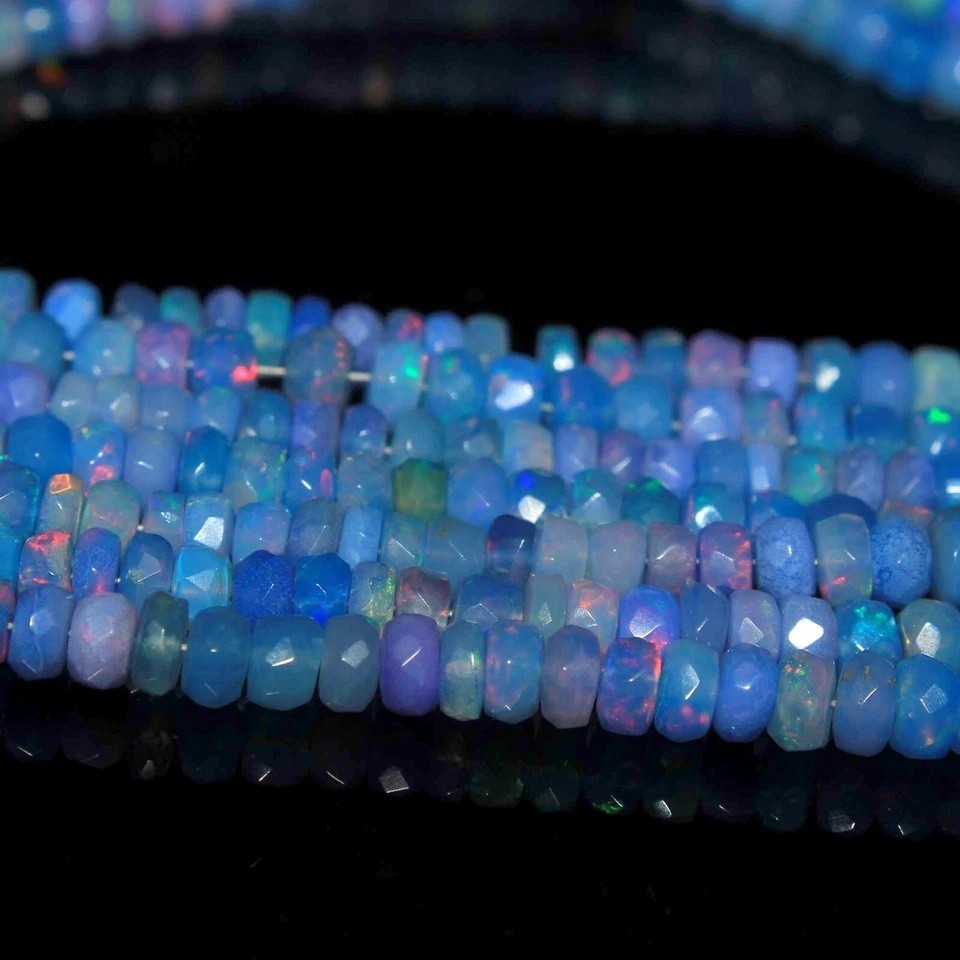 4-6mm Natural Blue Ethiopian Fire Opal Faceted Roundell Gemstone Beads 4 Inch