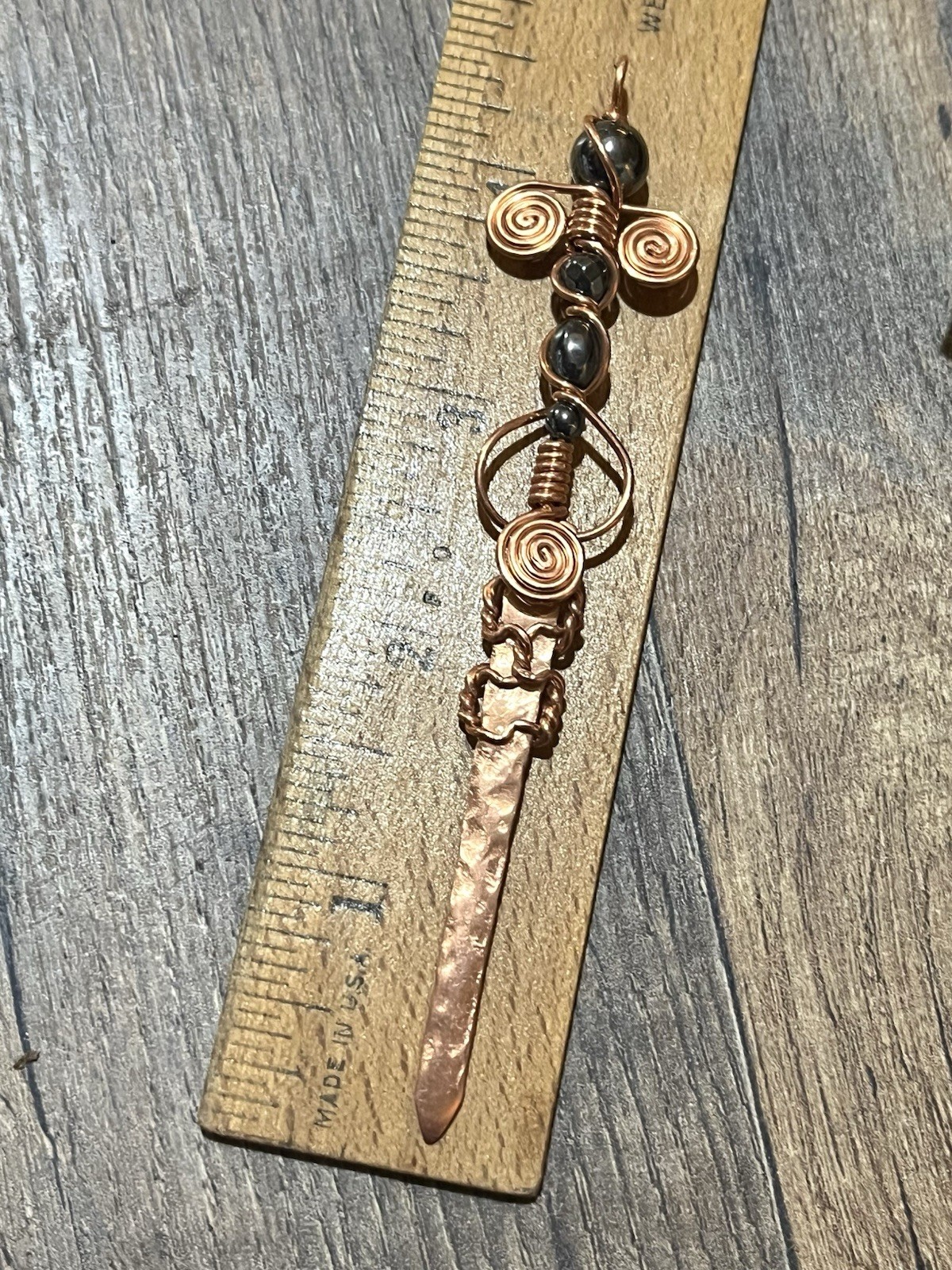 Artisan Copper Wire Wrapped Sword Pendant with Hematite Beads