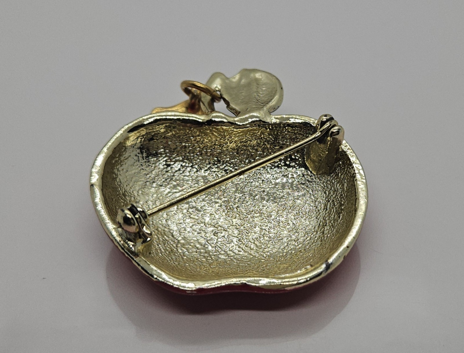 For My Teacher Red Apple Brooch Pin Metal Enamel Marked A.J.C. 1″