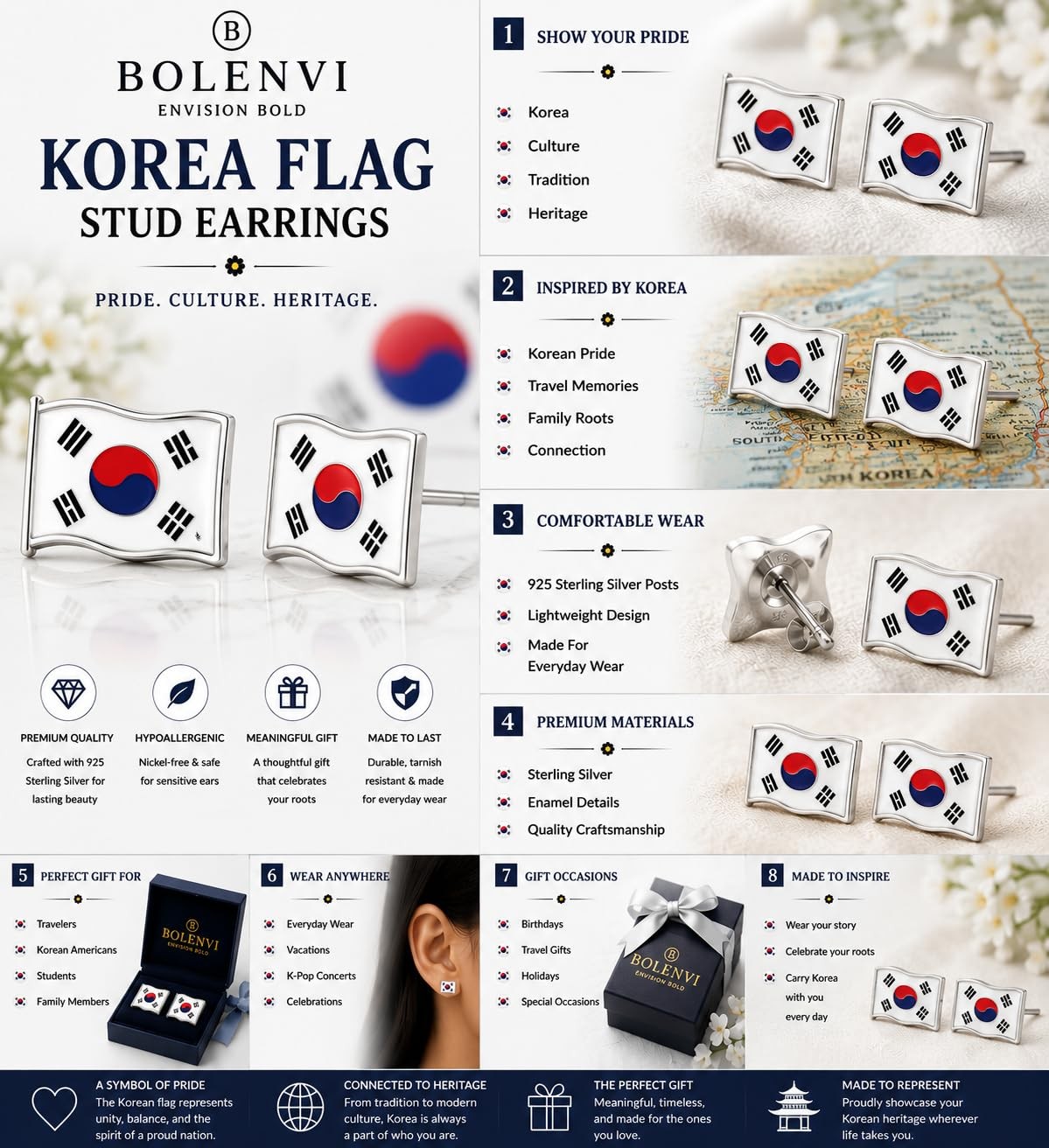 South Korea Flag Country Travel Stud Earrings – Genuine 925 Sterling Silver B…