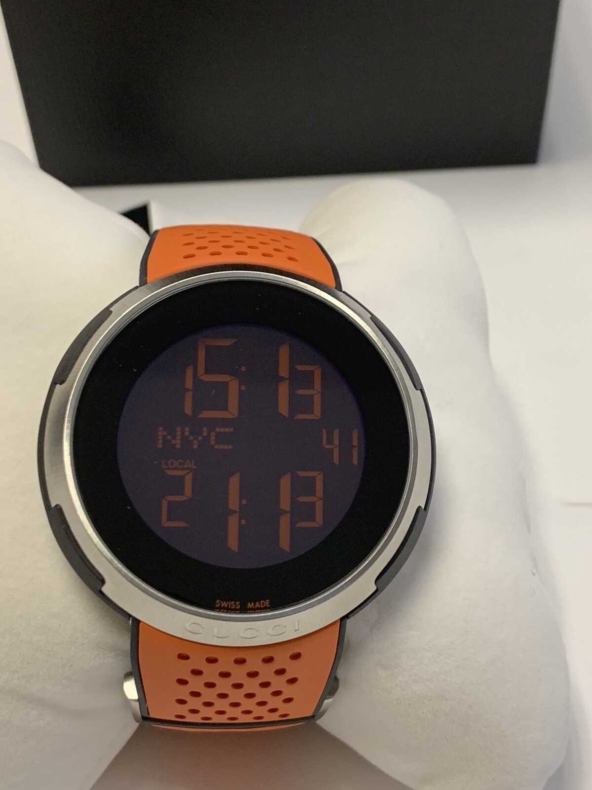 Authentic Gucci I-Gucci Digital Men Watch XXL Sport 49MM Orange Rubber YA114104