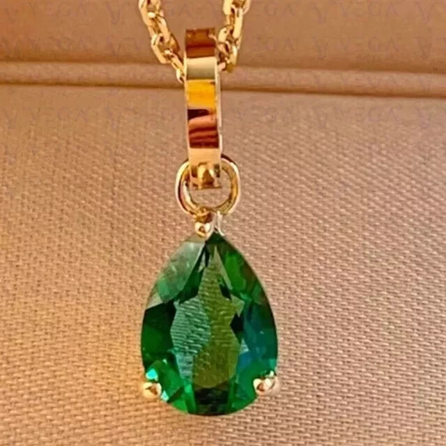 14K Yellow Gold Plated Natural Emerald 5.00Ct Pear Cut Gemstones Pendant Real
