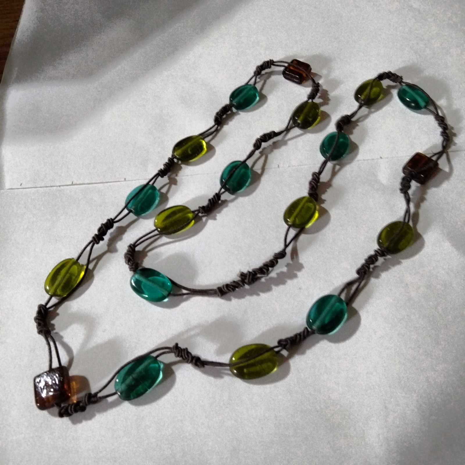 Vintage Glass Bead Station Necklace on Brown Cord Green Blue Boho 34 in.
