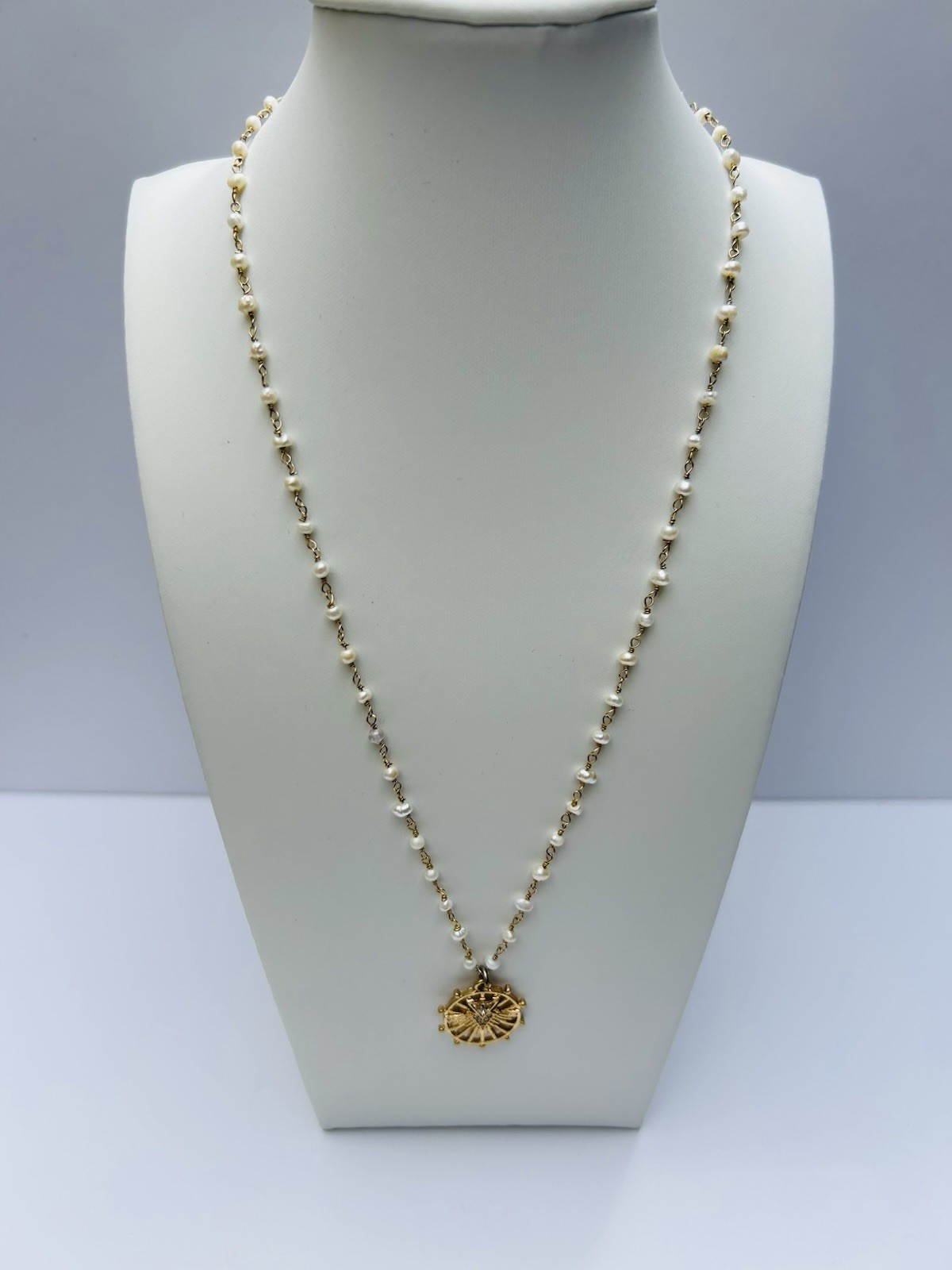 CAbi Gold Tone Pearl Necklace Medallion Pendant Adjustable Statement