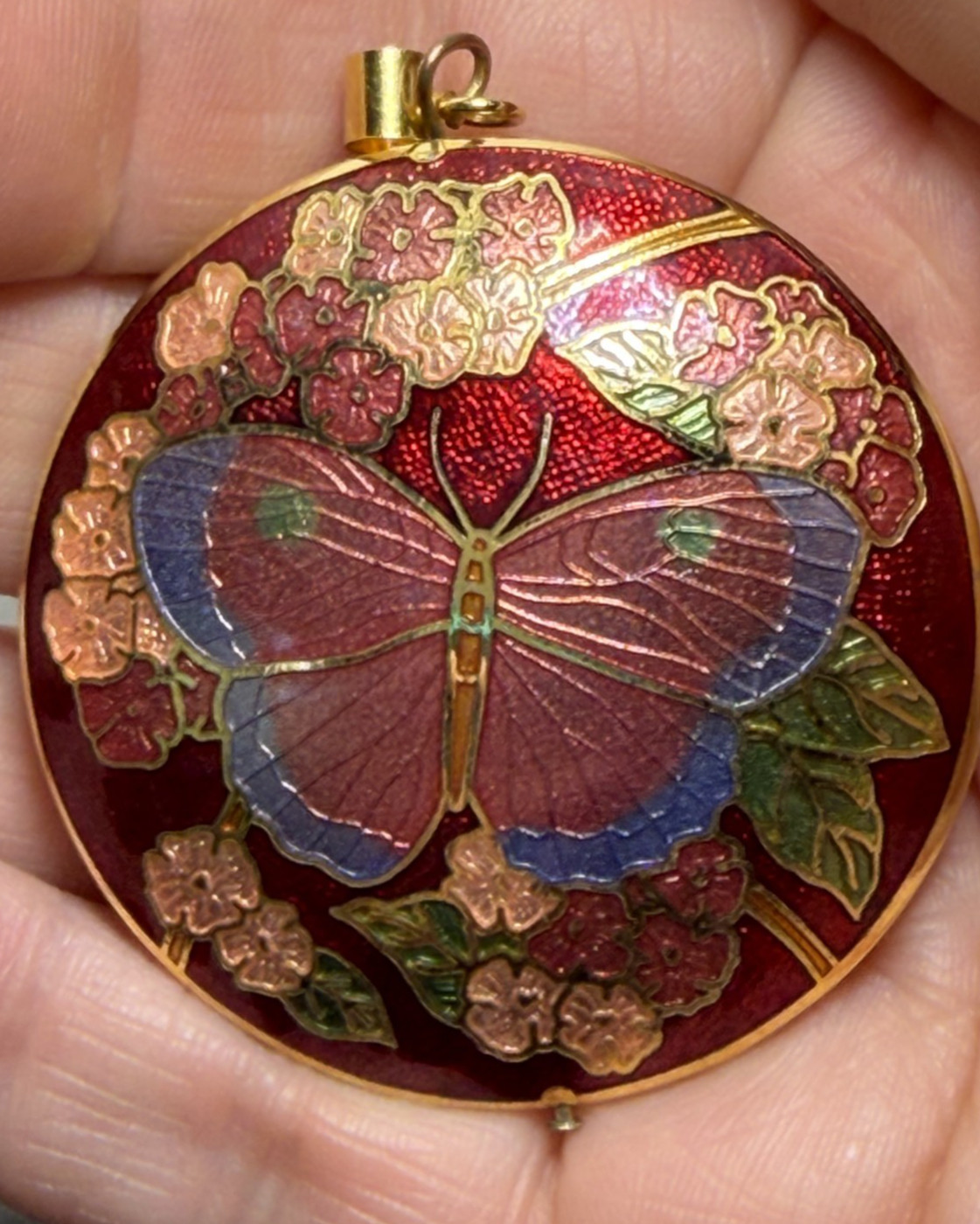 Vintage Round Pink Winged Butterfly Red Floral Puffy Enamel Cloisonne´ Pendant