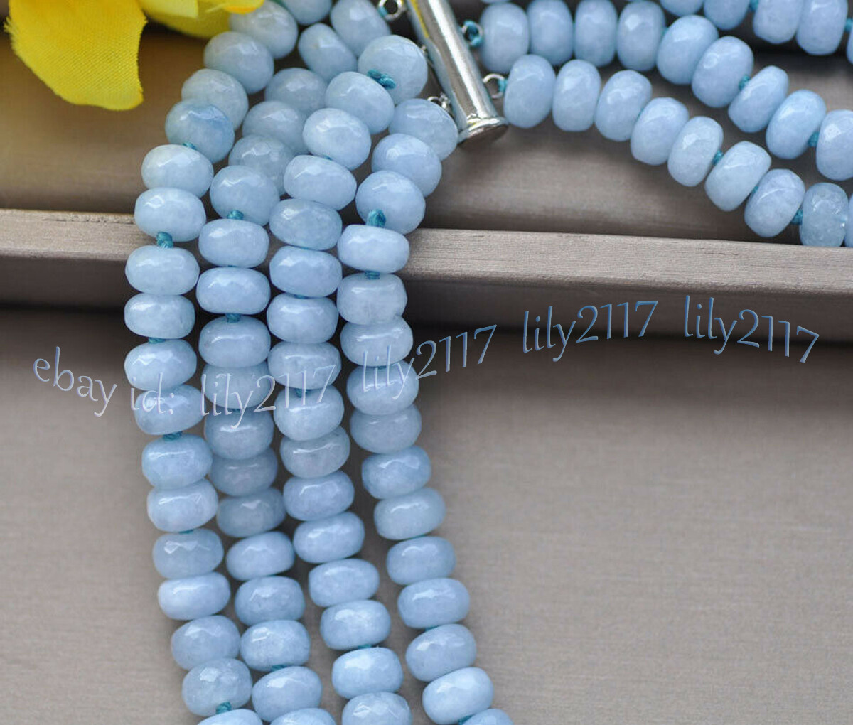 4 Rows Faceted 5x8mm Blue Aquamarine Gemstone Roundel Beads Necklaces 17-20”