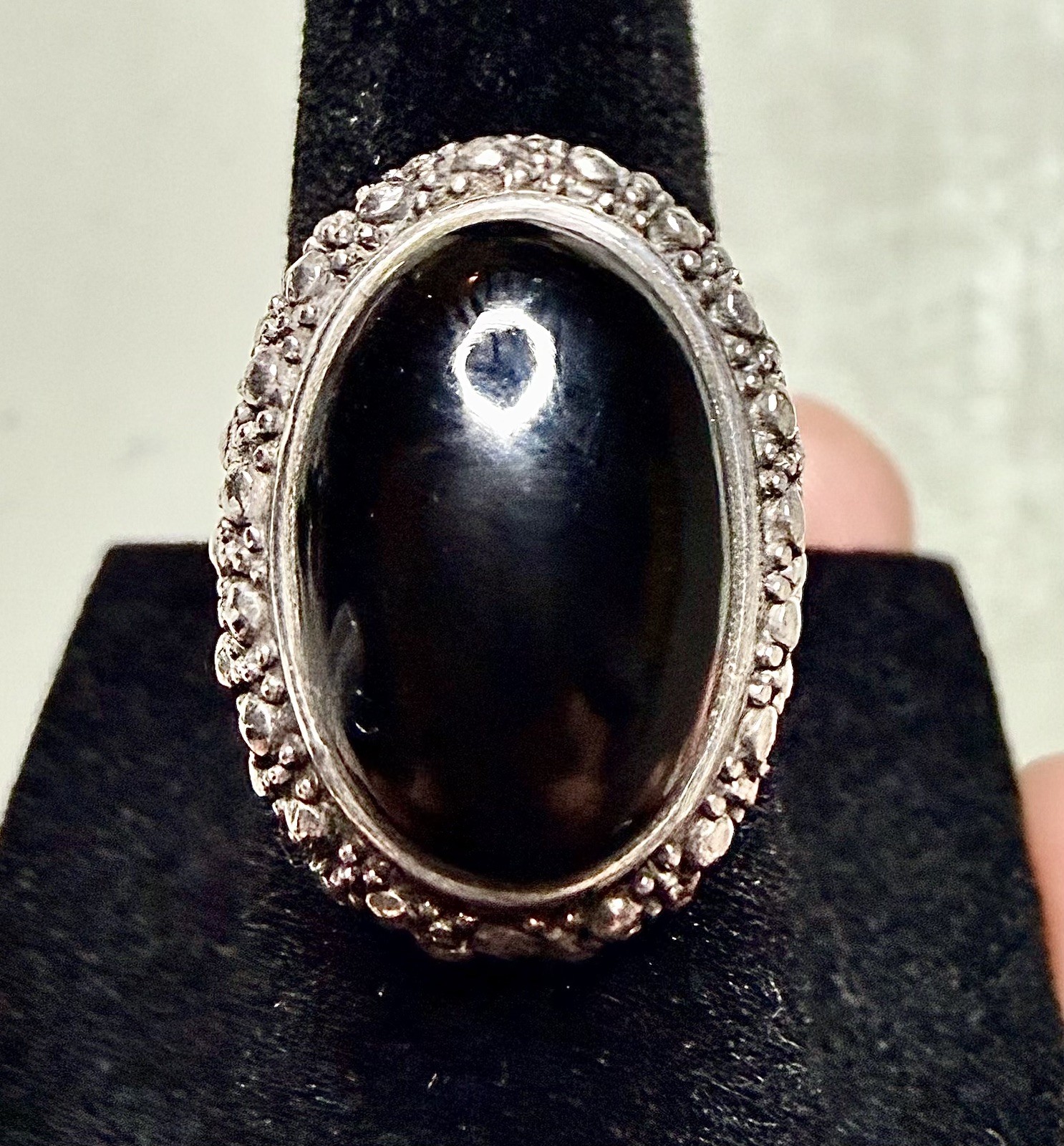 Large Vintage Sterling Silver and Black Onyx Ring, Size 4.5, 8 grams