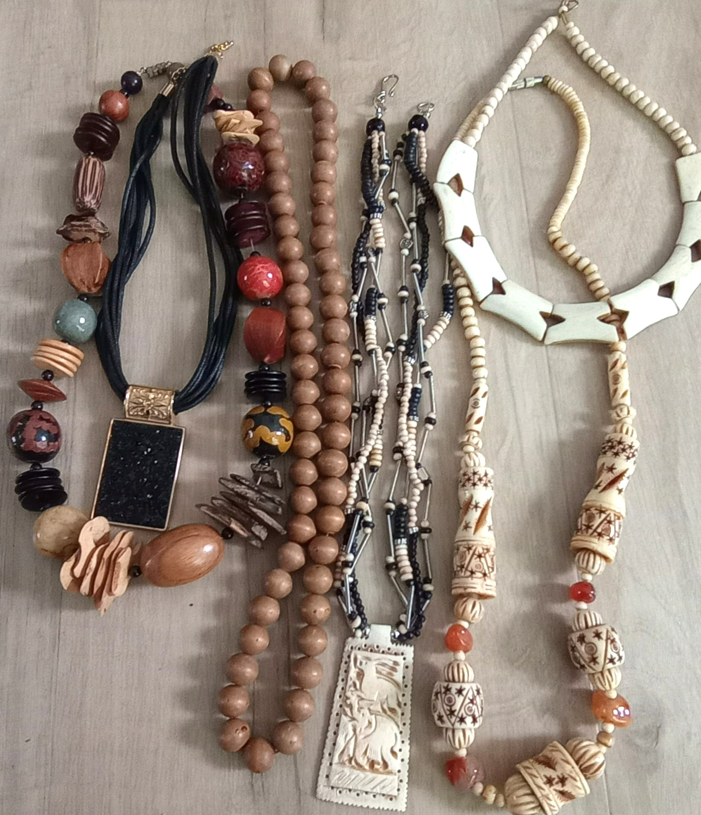 Tribal/ethnic lot of 6 necklaces, bone, wood beads, multi-media see pics