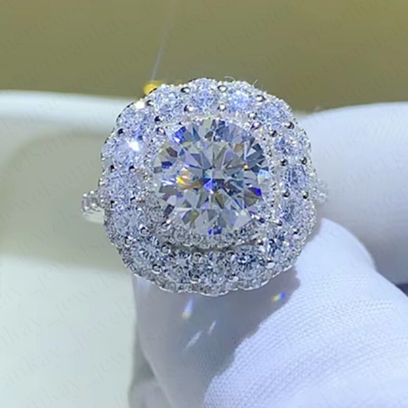 2.30Ctw Round Moissanite Double Halo Engagement Ring 14K White Gold Plated