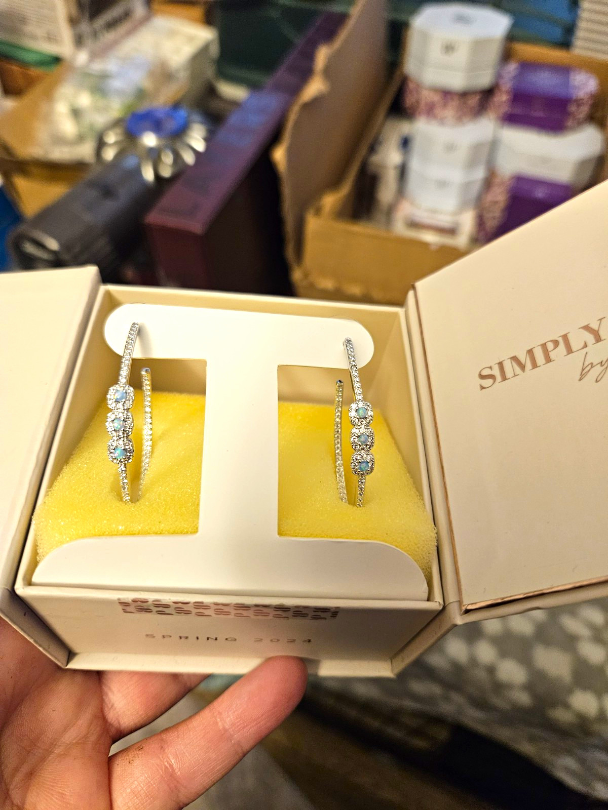 Simply Hoops Hoop Earrings Blue Lab Opal CZ Rhodium Plated Latch Back