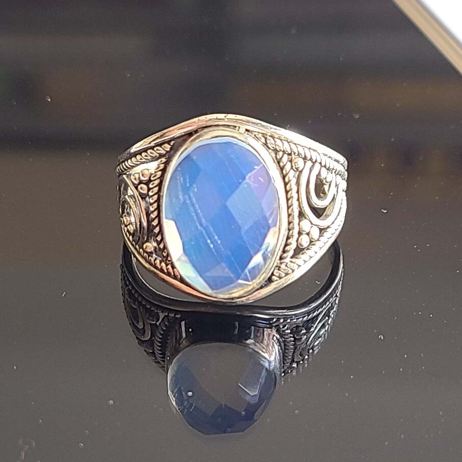 Cut Blue Opal Gemstone 925 Sterling Silver Handmade Fine Ring All Size Available