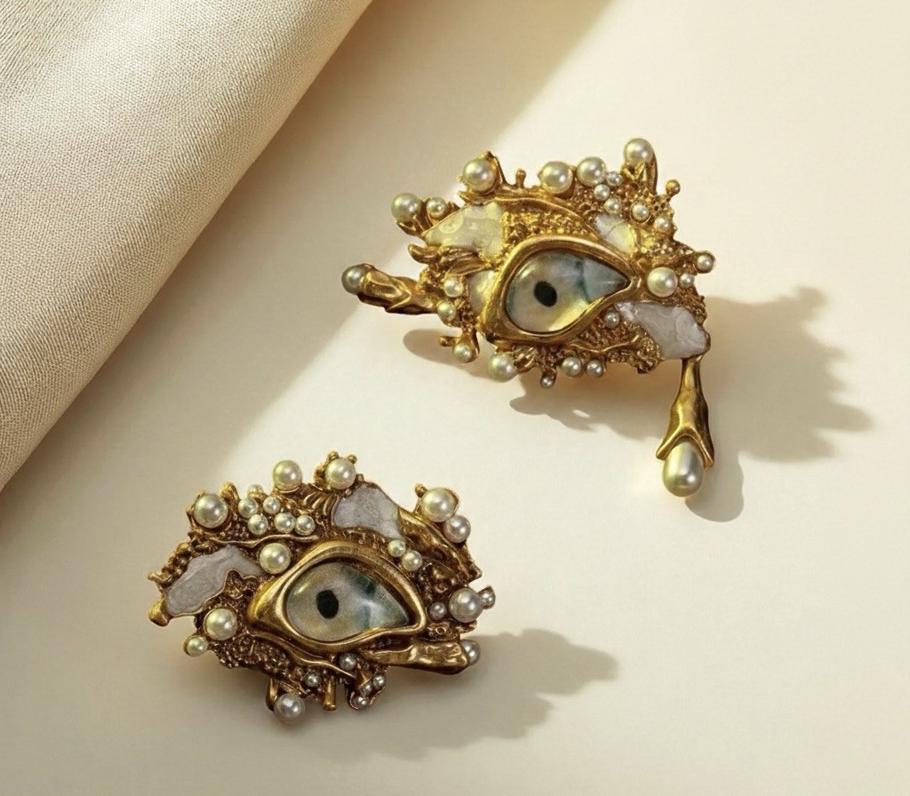 Pearl Baroque Evil Eye Earrings Museum Gold Devil Revival Mismatch Art VTG Stud