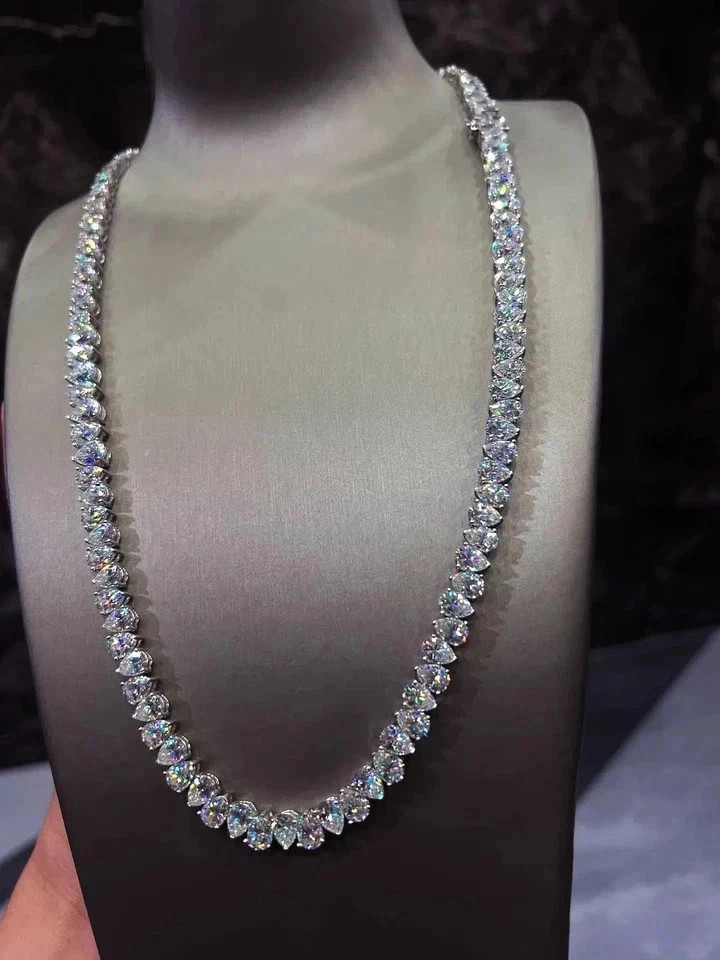 40TCW Pear Cut Lab Created Diamond Tennis Necklace 925 Sterling Silver 22in