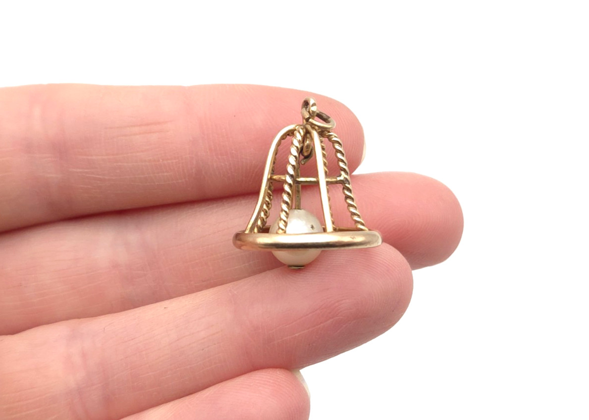 Vintage 14k Solid Gold & Pearl Movable Openwork Bell Pendant or Charm 2.4grams