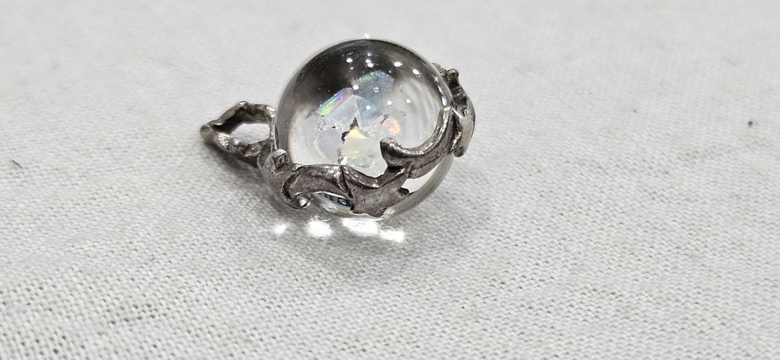 Antique Vintage Crystal Orb W/ Minerals Moon Star & More Sterling Bead Pendant
