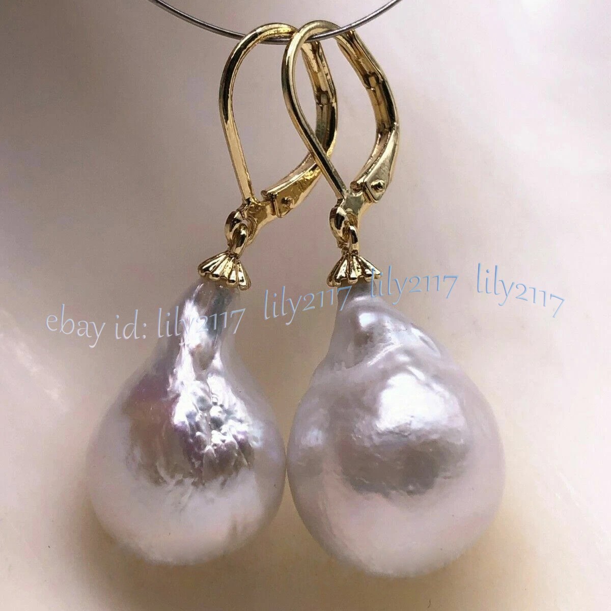 Huge 15-20mm South Sea White Keshi Baroque Pearl Dangle Earrings 14K Yellow Gold