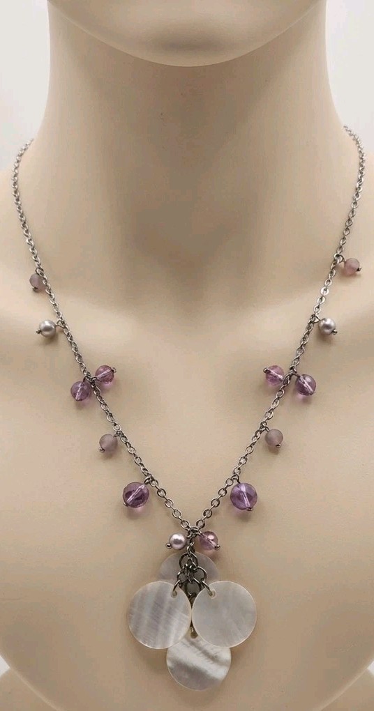 Cookie Lee Mother of Pearl Shell Necklace Pink Crystal Bead Short Statement 18″
