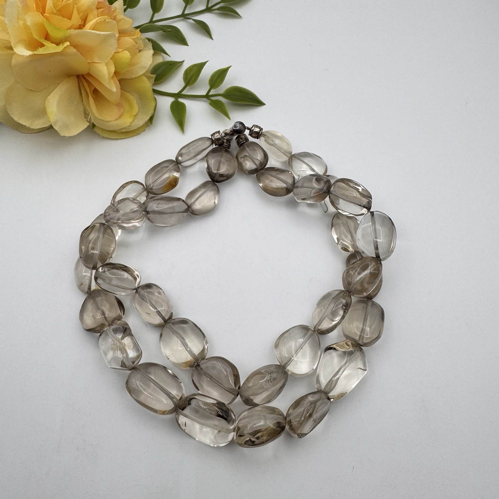VTG Sterling Silver Light Smoky Quartz Heavy Double Strand Beaded Necklace 15″