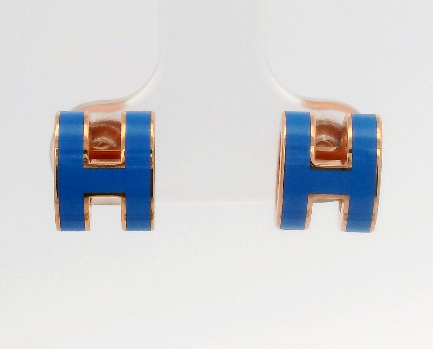 Hermes Mini Pop H Rose Gold Tone & Blue Enamel Earrings
