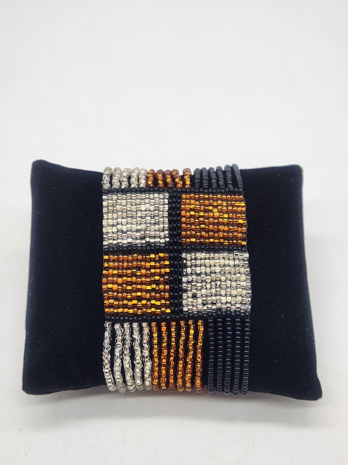 Black, Silver & Gold Woven Seed Bead Bracelet Geometric Pattern 7″