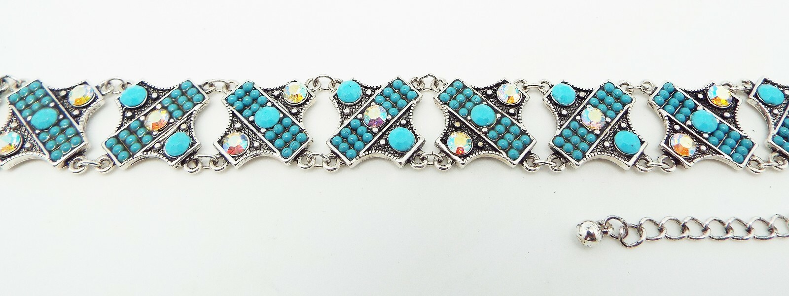 DESIGNER BLUE FAUX TURQUOISE CRYSTAL 6.5 in to 8.5 in BRACELET 2.75 in EARRINGS