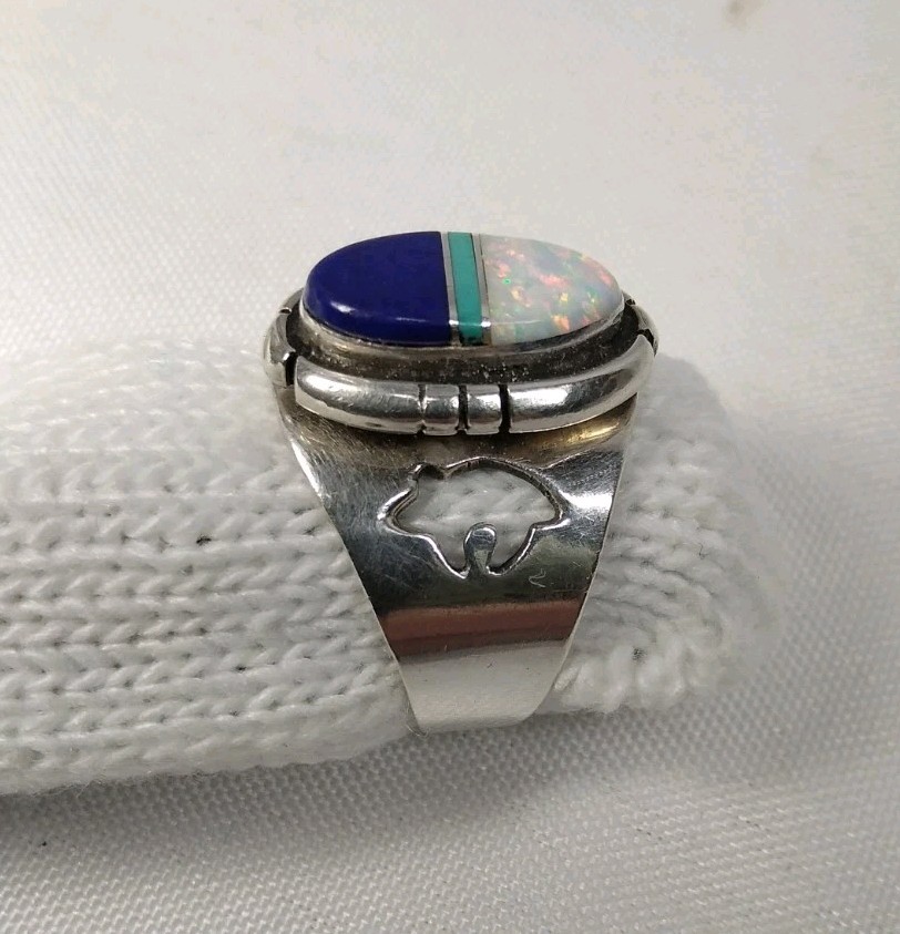 Navajo Inlay Sterling Silver Ring Lapis Opal Turquoise Signed JP Southwest Nice