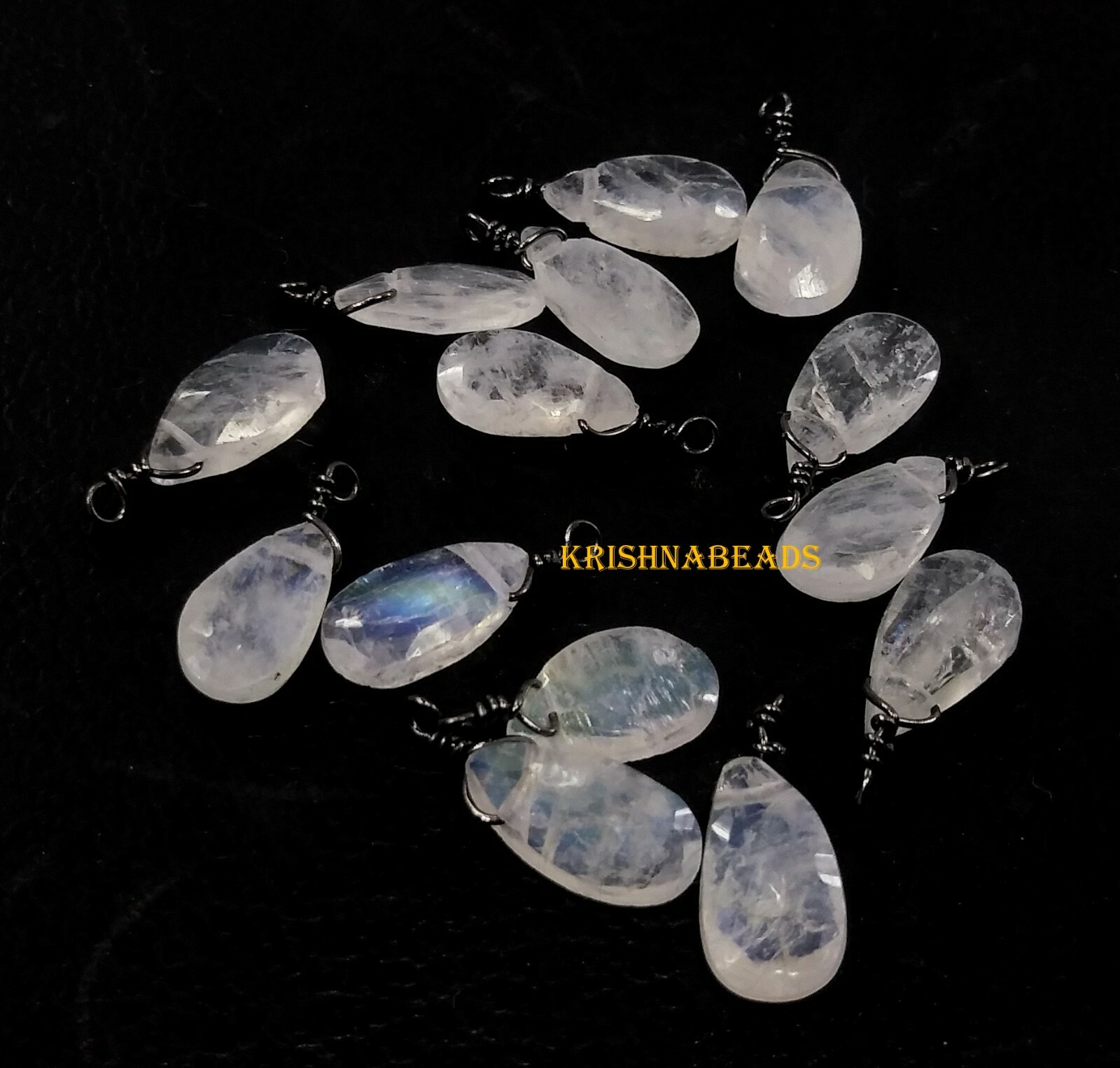 Natural Rainbow Moonstone Pear 6×9-6x10mm Beads Black Plated Wire Wrapped 25Pecs