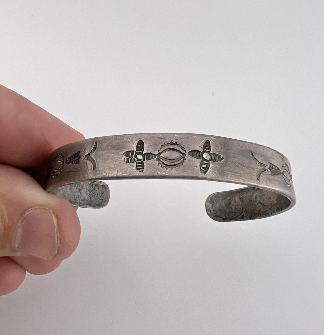 OLD Pawn 1930’s Fred Harvey Navajo Coin Silver Hand Stamped Cuff Bracelet