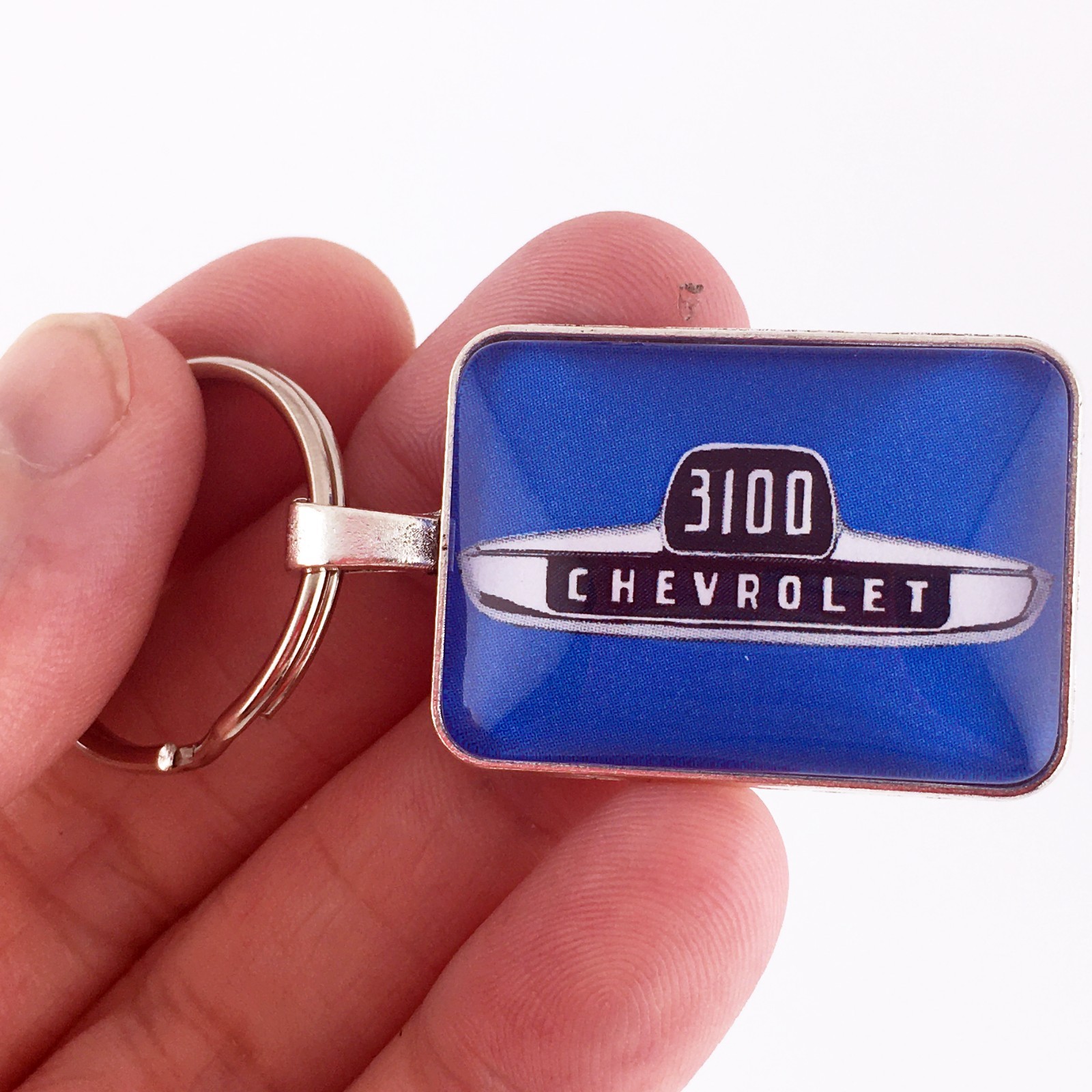 Vintage Chevrolet 3100 Chrome Fender Emblem CHOOSE BACKGROUND COLOR Keychain