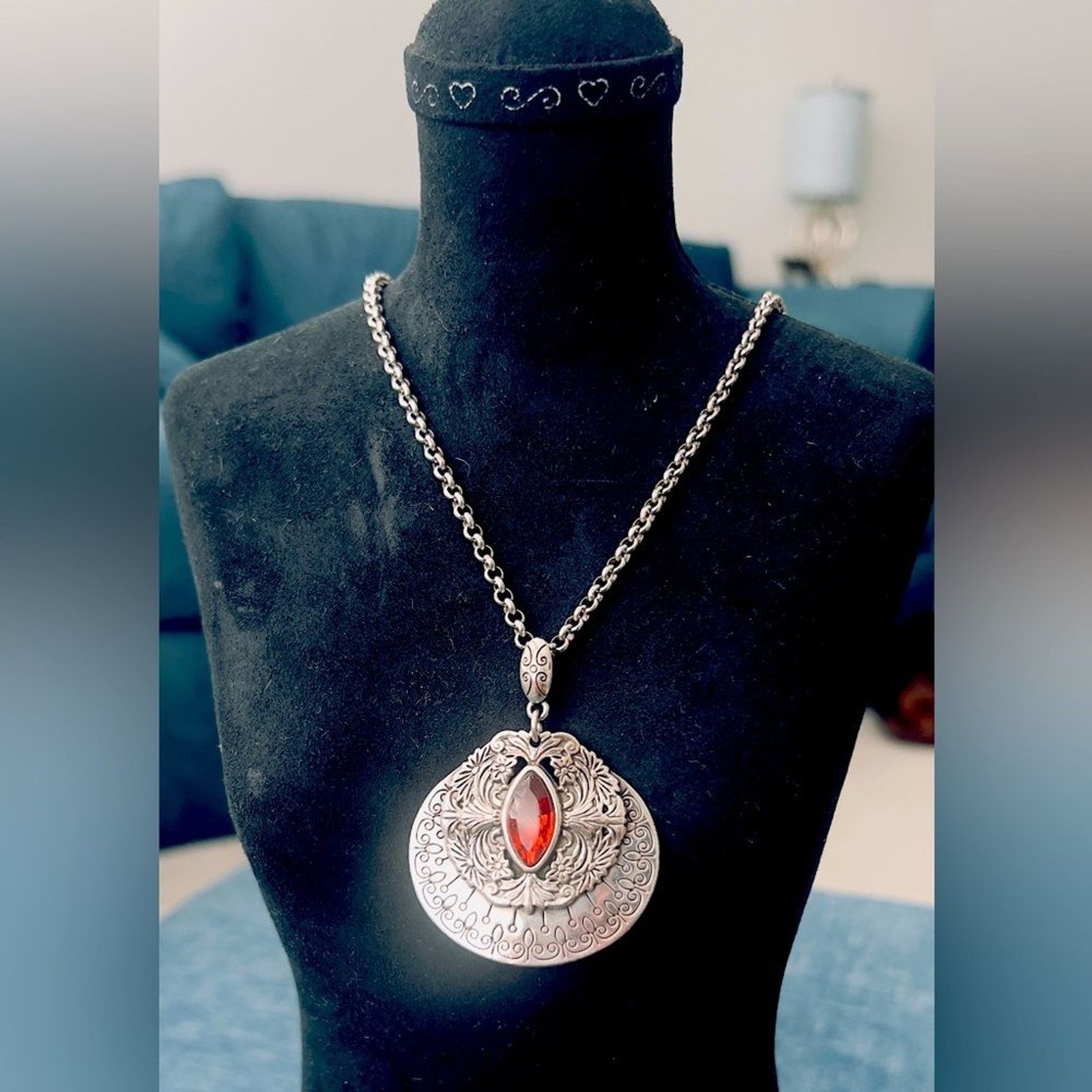 Brighton Rouge Lace Silver Plate Pendant Necklace w Red Navette Crystal
