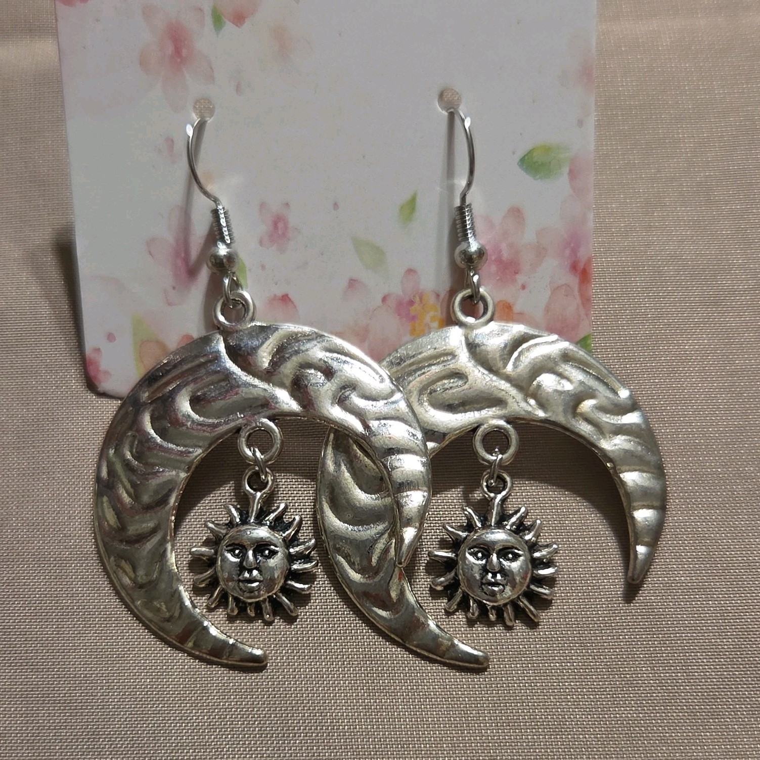 Silver Tone Metal Crescent Moon & Sun Face Dangle Drop Hook Earrings No Stone