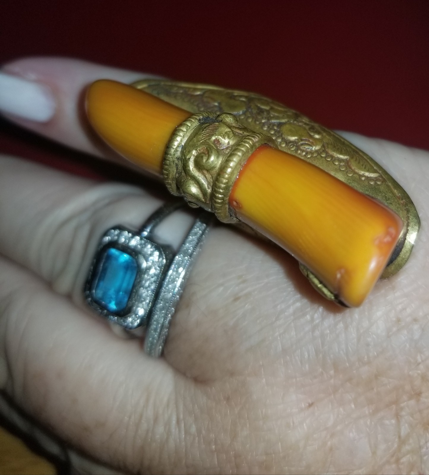 Antique Mexico Engraved Huge Natural Coral Adjustable Ring INCREDIBLE