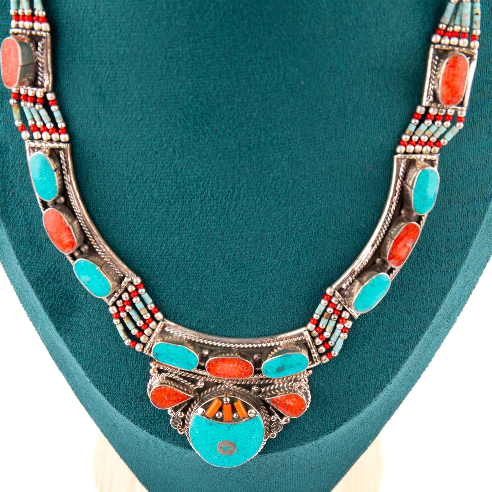 Tibetan Necklace Turquoise Coral Gemstone, Handmade Antique Tribal Statement
