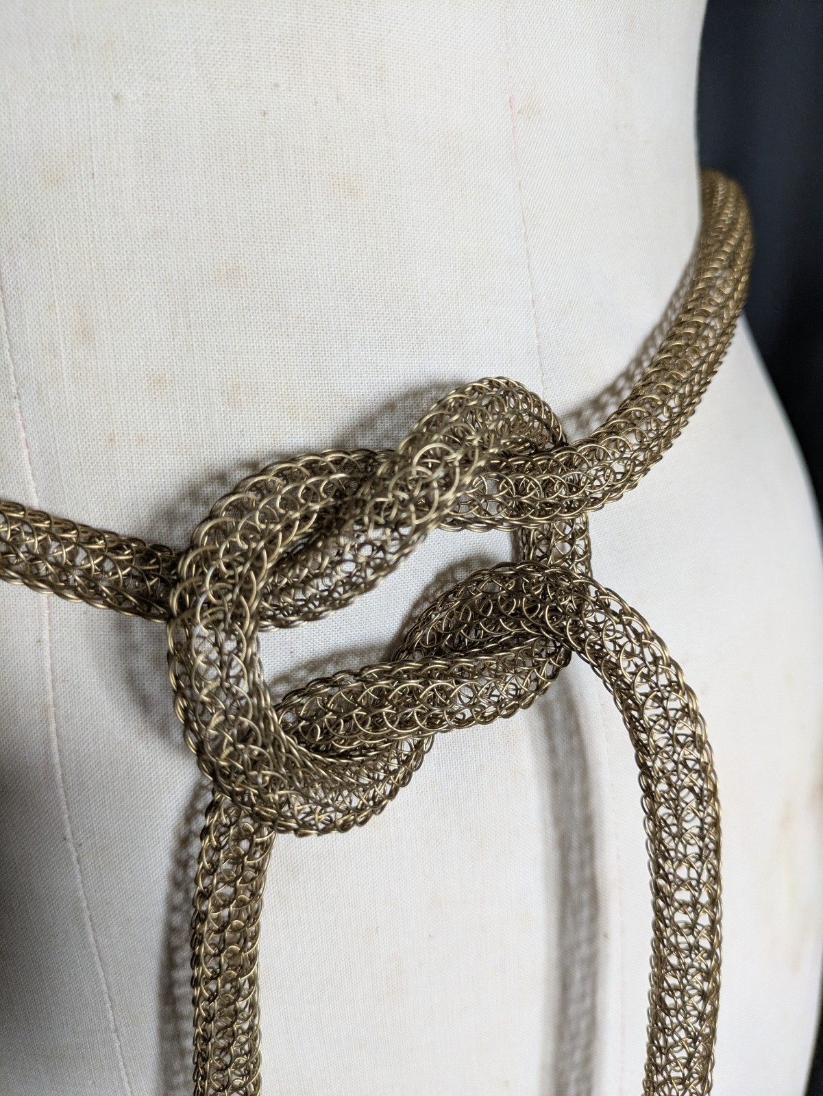 Vintage Brass Gold Tone Mesh Knitted Metal Wire Tassel Necklace Or Belt 55″