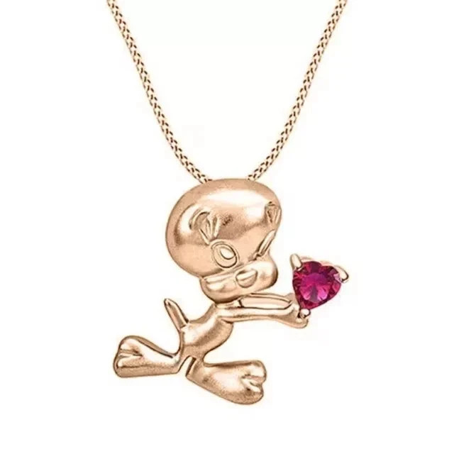 Tweety Bird Pendant 14k Yellow Gold Plated 1Ct Heart Cut Simulated Pink Ruby