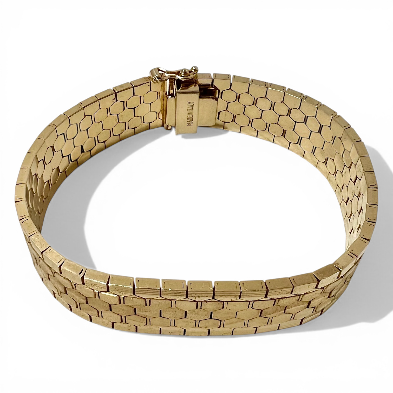 Vintage Italian Honeycomb Link Bracelet Heavy Gold Plated Wide Retro 7.25″ 35.4g