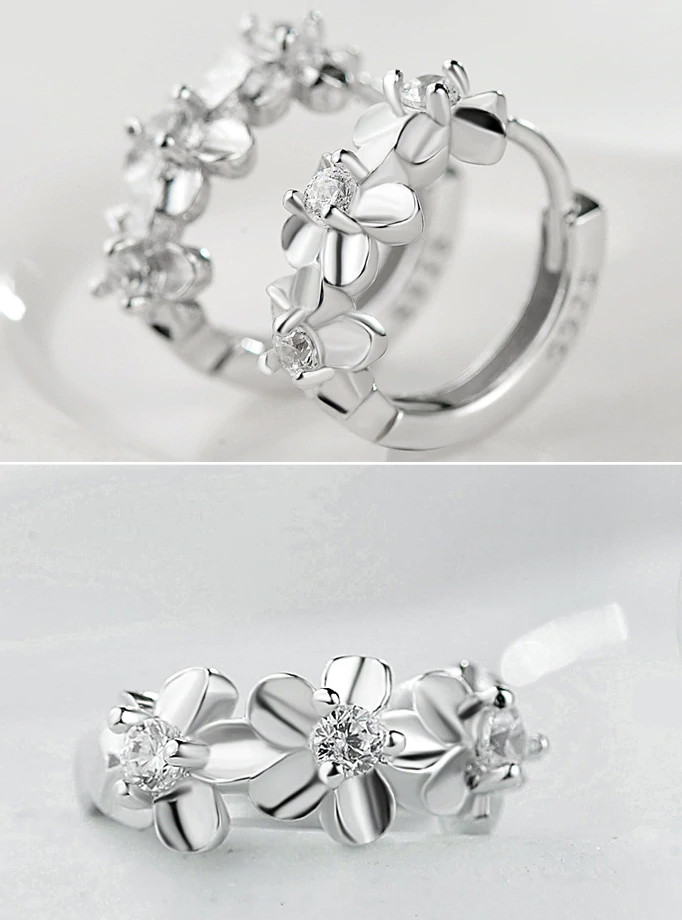 925 Sterling Silver AAA Zicron Crystal Flowers Huggie Earrings