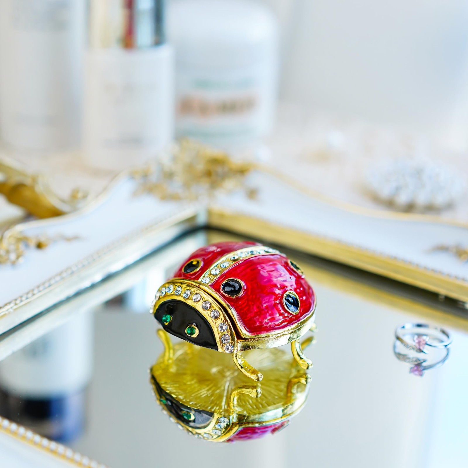 Ladybug Jewelry Box with Crystal Accents | Hinged Trinket Organizer, Keepsake Gi