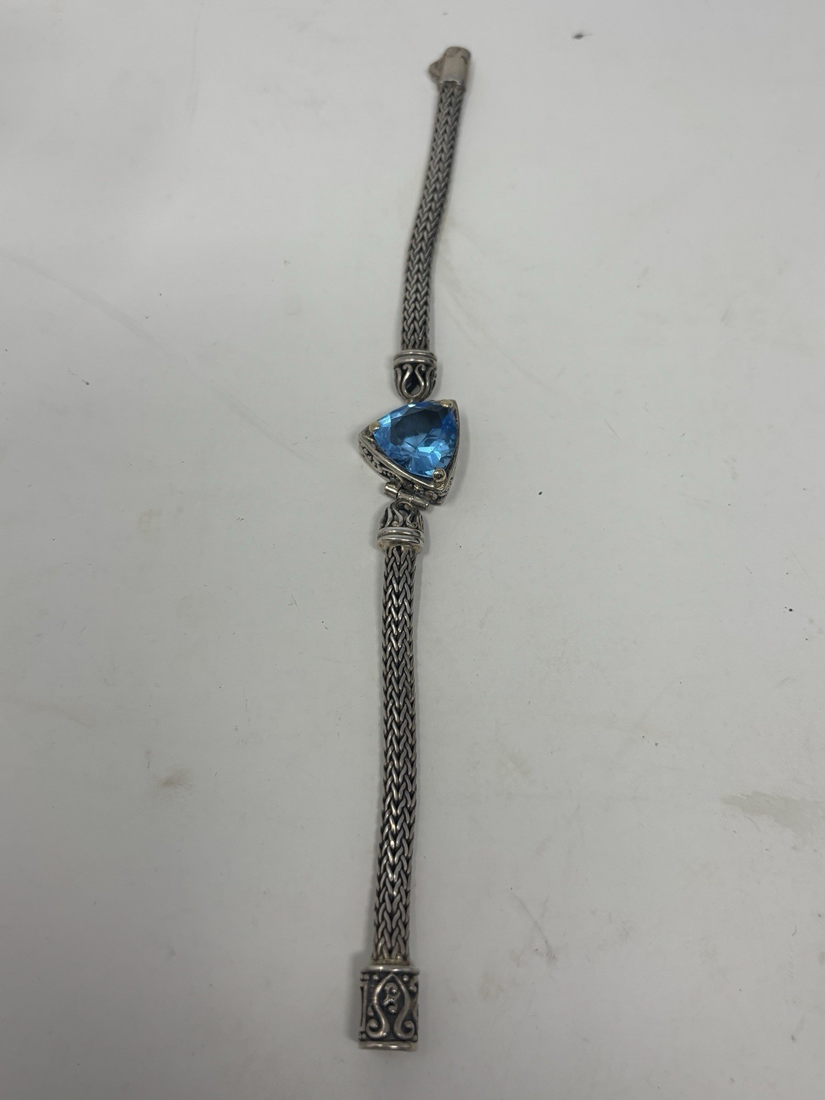 Vtg David Schorr Sterling Silver 18K Gold Blue Topaz Woven Wheat Bracelet 7.5”