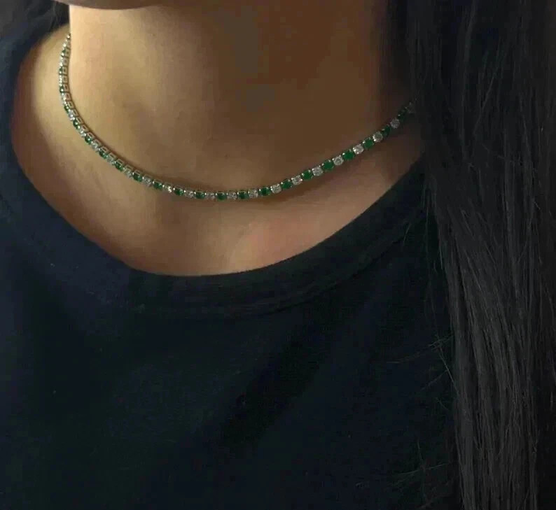 8Ct Round Cut Lab Created Emerald Women’s Tennis Necklace 14K White Gold Finish