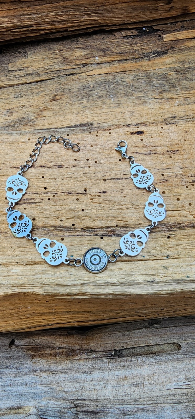 Stainless Steel Bracelet with Sugar Skulls and 9 mm bullet. Optional Color