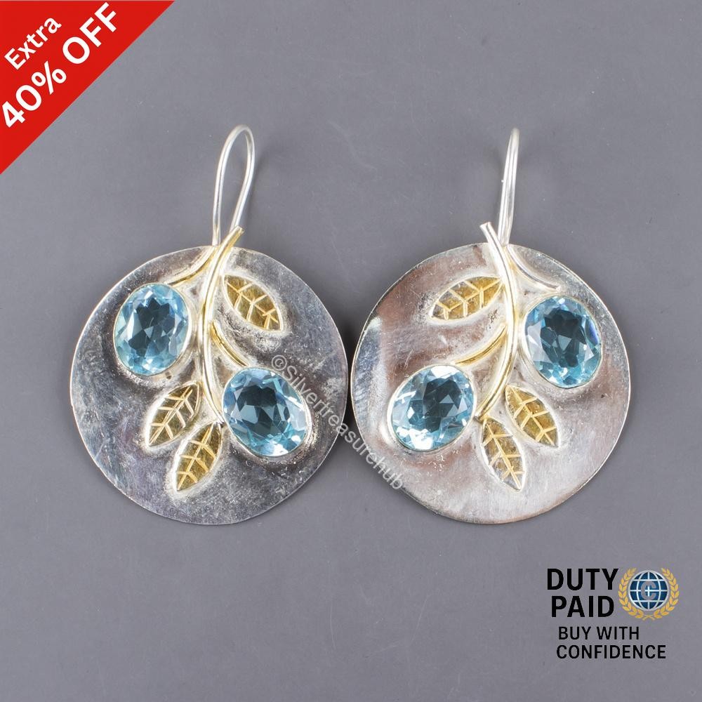 Natural Sky Blue Topaz 925 Sterling Silver Dangle Drop Mother Trendy Earrings