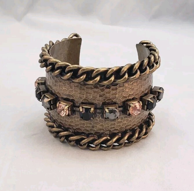 Oversized Brass Tone Metal Extravagant Mixed Color Boho Cuff Statement Bracelet