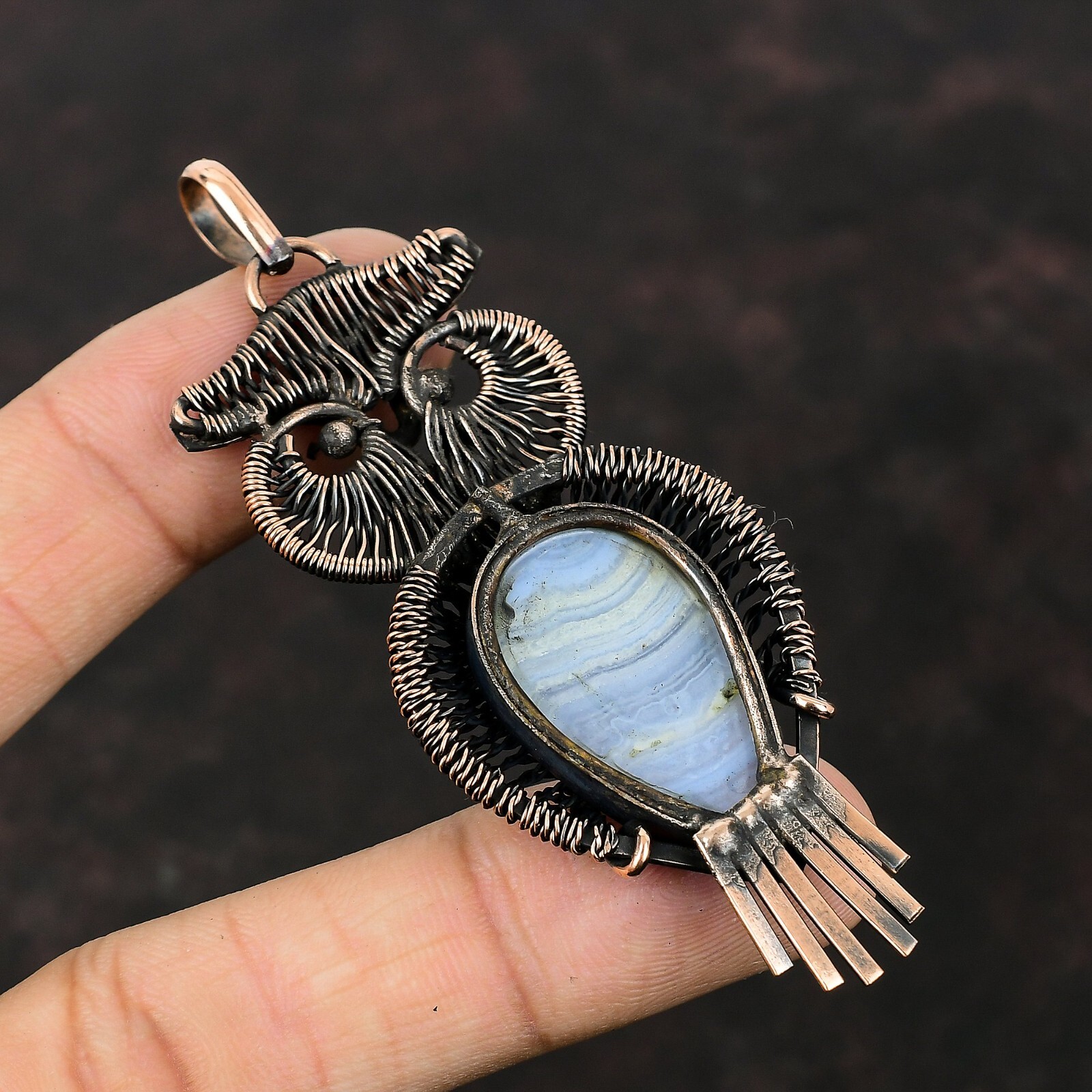 Blue Lace Agate Wire Wrapped Owl Pendant Handcrafted Copper Unique Jewelry 3.35″